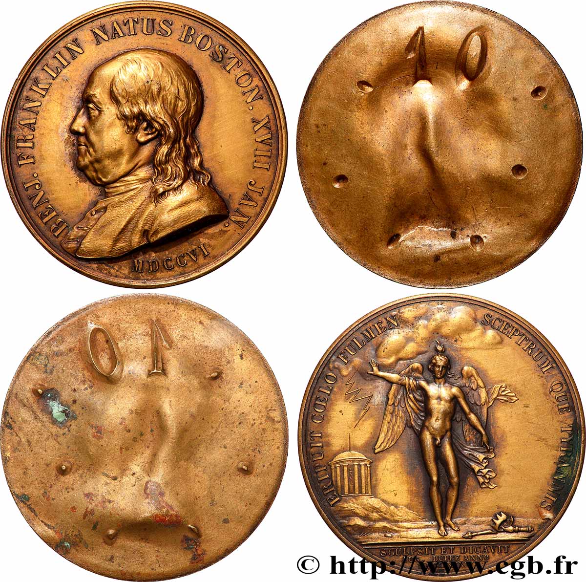 LOUIS XVI Lot de 2 médailles, Benjamin Franklin, épreuve, refrappe AU