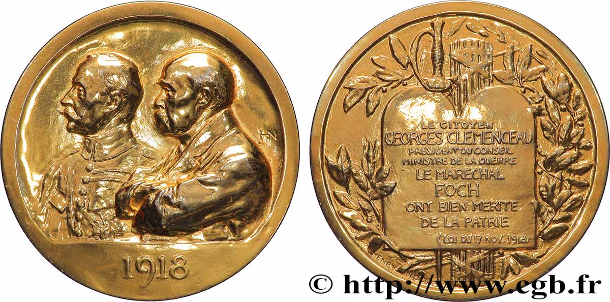 III REPUBLIC Médaille, Georges Clémenceau et le Maréchal Foch ont bien mérité de la Patrie AU