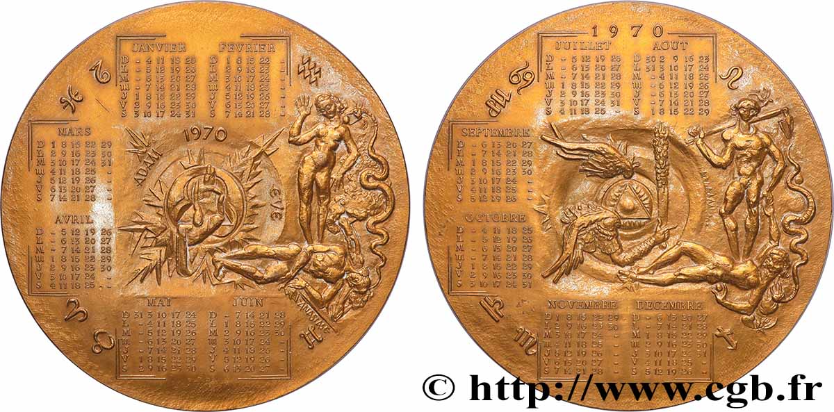 CINQUIÈME RÉPUBLIQUE Médaille calendrier, Adam et Eve SUP