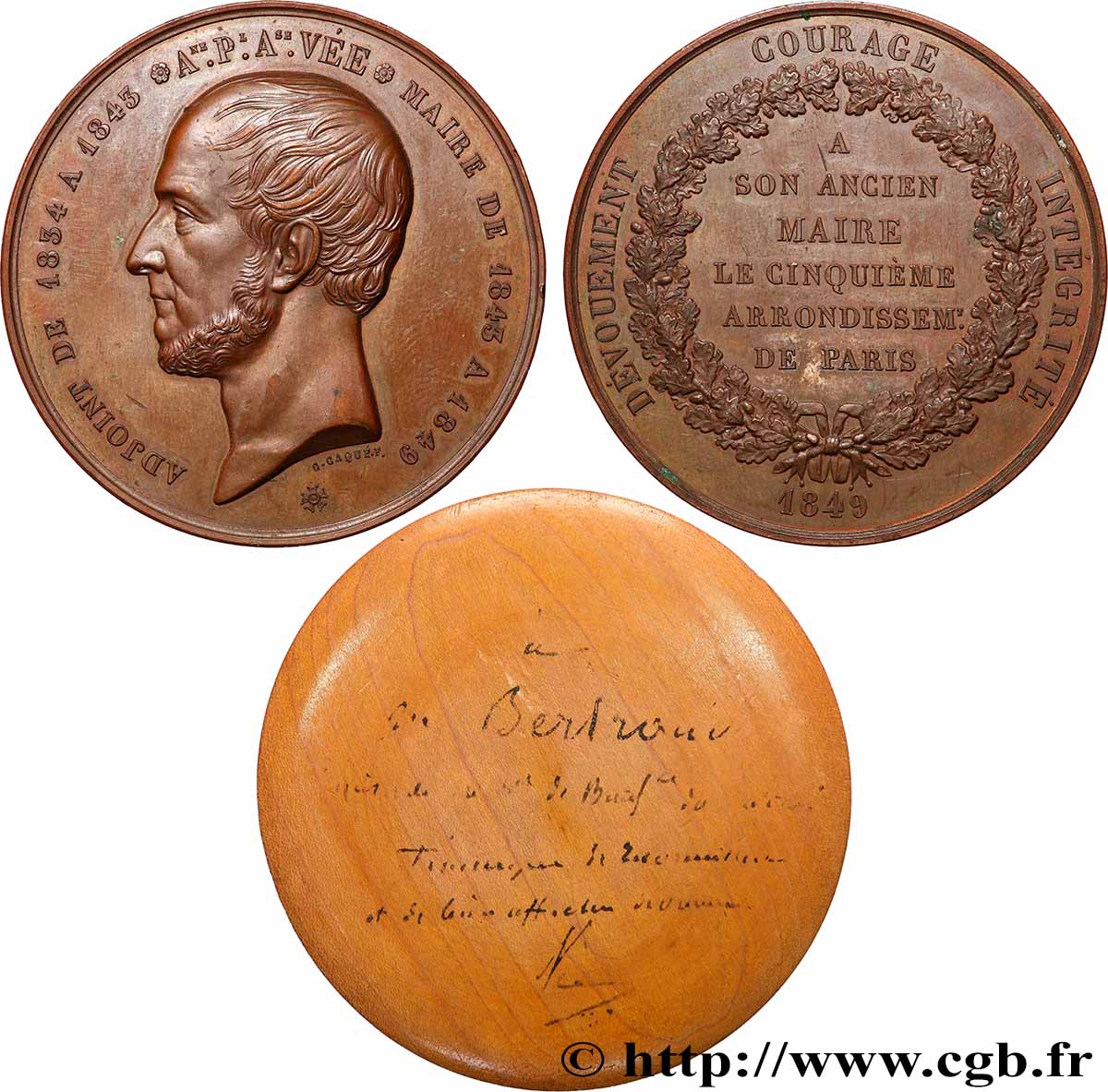 DEUXIÈME RÉPUBLIQUE Médaille, Dévouement courage et intégrité de l’ancien maire Antoine Vée SUP