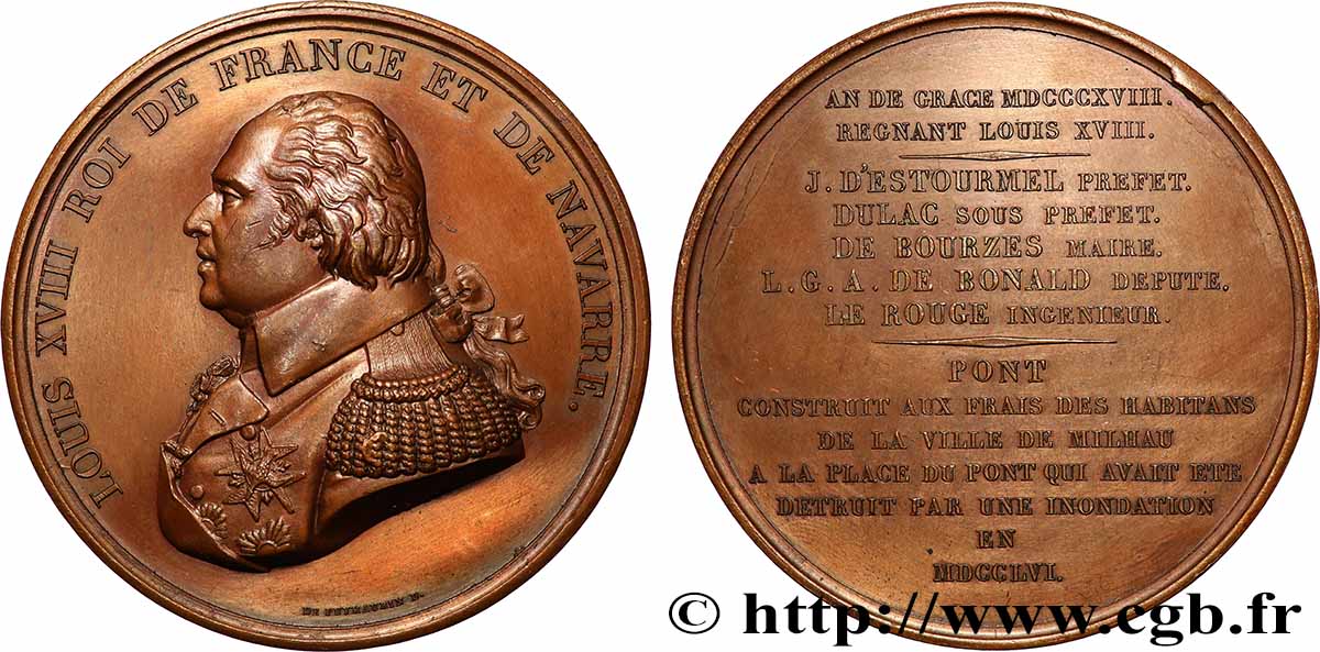 LUIGI XVIII Médaille, Construction de la ville de Milhau, refrappe q.SPL