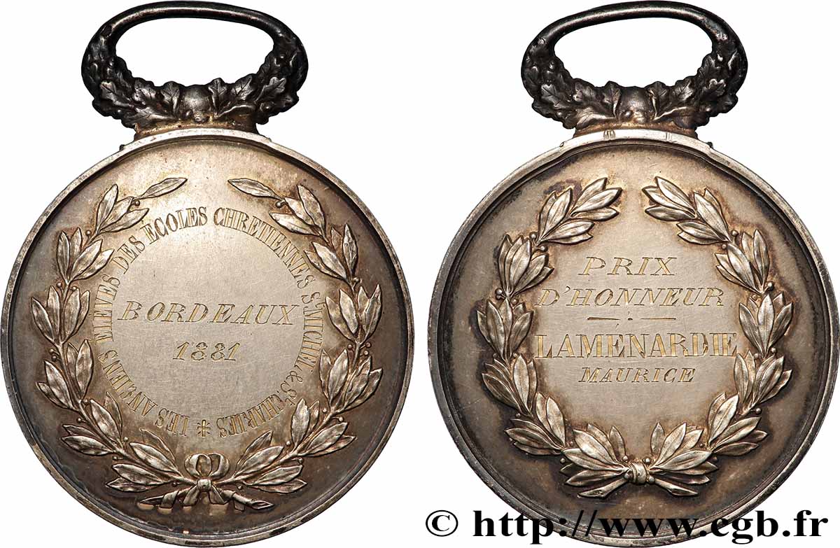 III REPUBLIC Médaille, Anciens élèves des écoles chrétiennes Saint Michel et Saint Charles, Prix d’honneur AU
