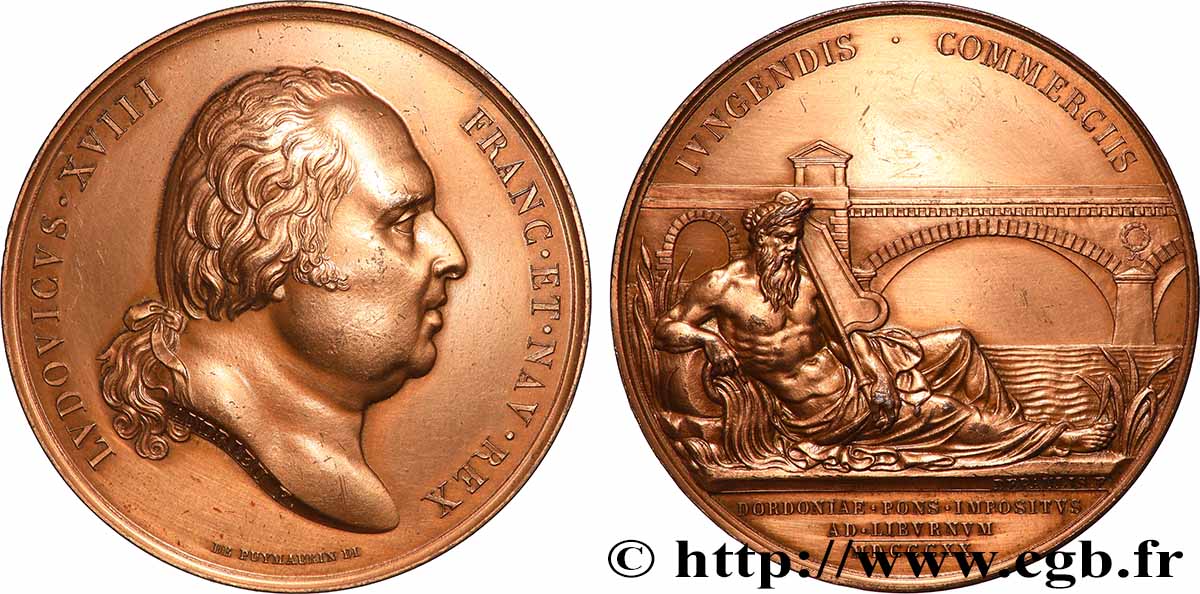 LOUIS XVIII Médaille, Pont sur la Dordogne, refrappe AU