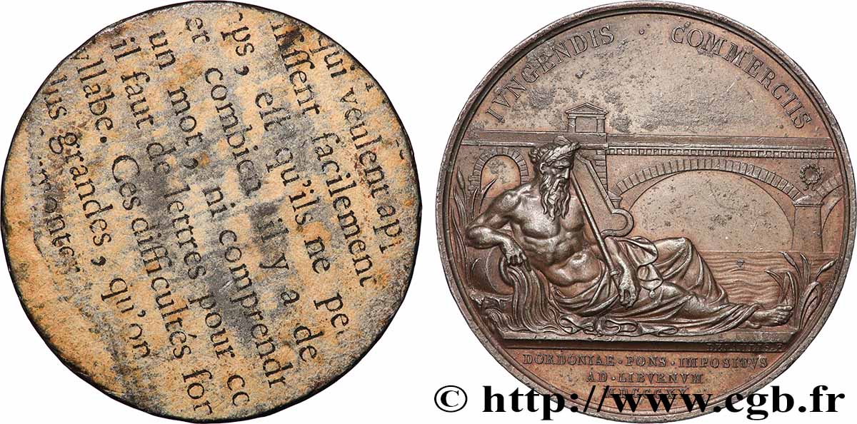 LOUIS XVIII Médaille, Pont sur la Dordogne, tirage uniface du revers TTB