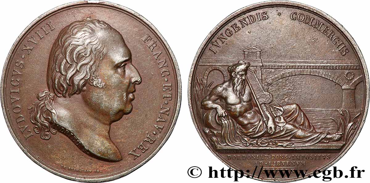 LOUIS XVIII Médaille, Pont sur la Dordogne XF