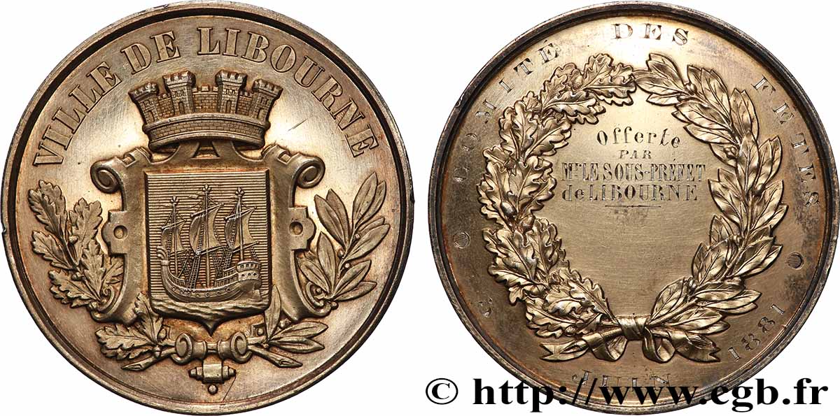 III REPUBLIC Médaille, Comité des fêtes, Offerte par le sous-préfet de Libourne AU/AU