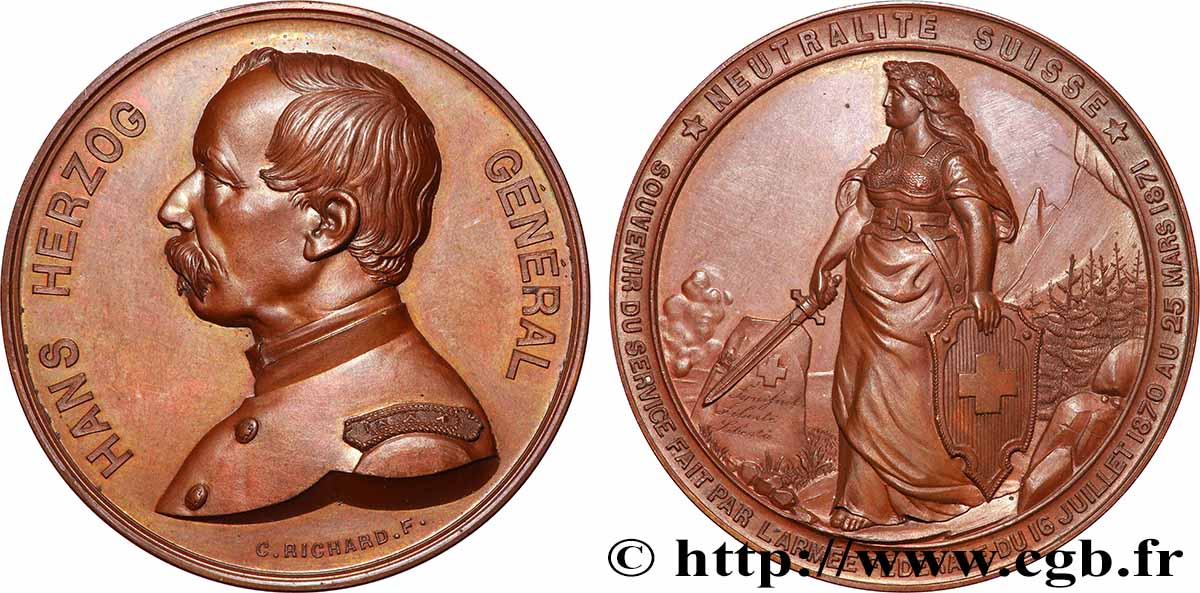 SUISSE Médaille, Général Hans Herzog, Neutralité franco-suisse SUP