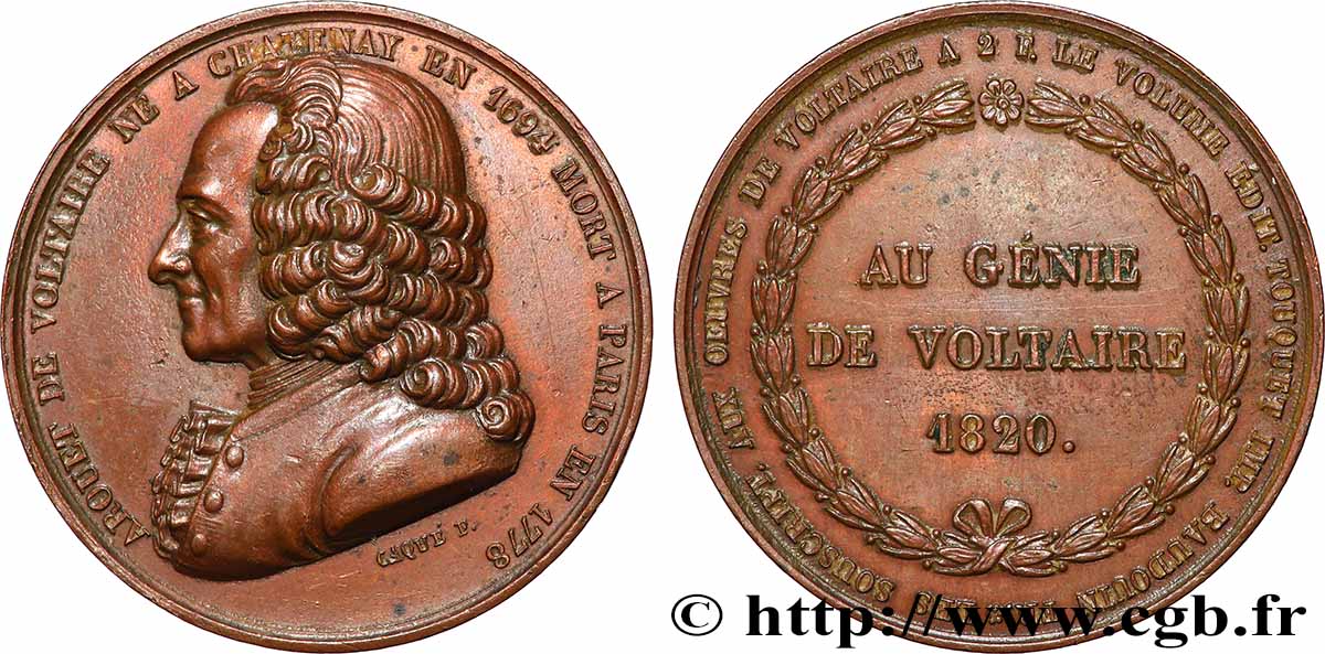 LUIS XVIII Médaille, François-Marie Arouet dit Voltaire, Au génie de Voltaire MBC+