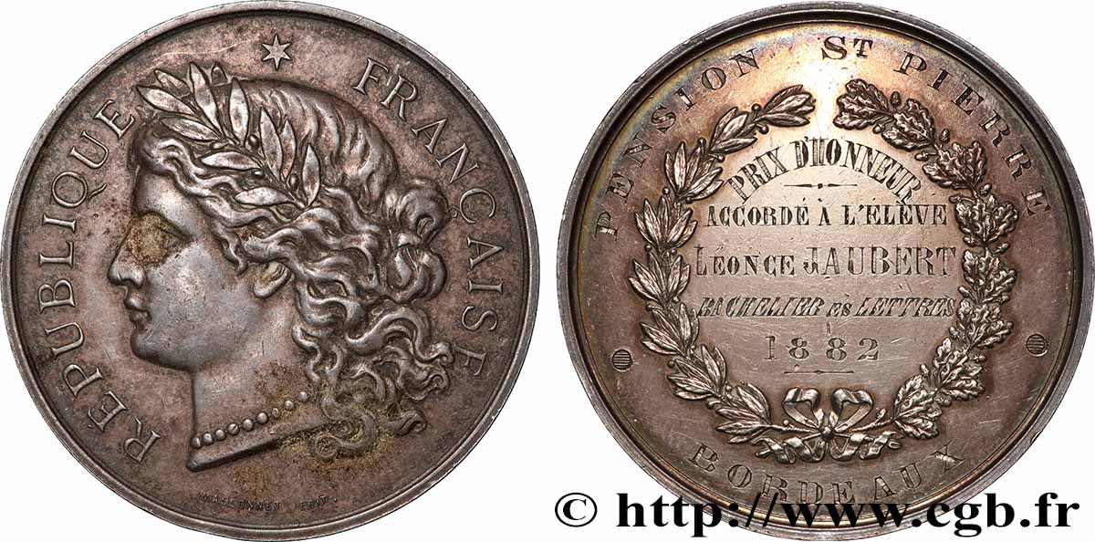 III REPUBLIC Médaille, Pension Saint Pierre, Prix d’honneur XF