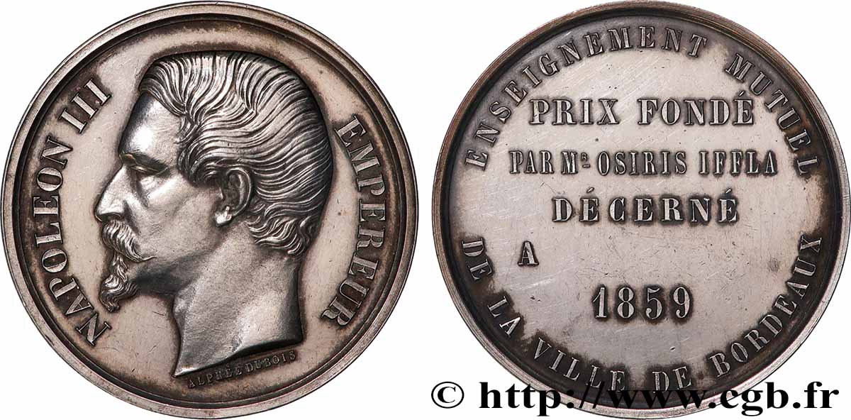 SECOND EMPIRE Médaille, Enseignement mutuel, Prix fondé par Mr Osiris Iffla TTB+