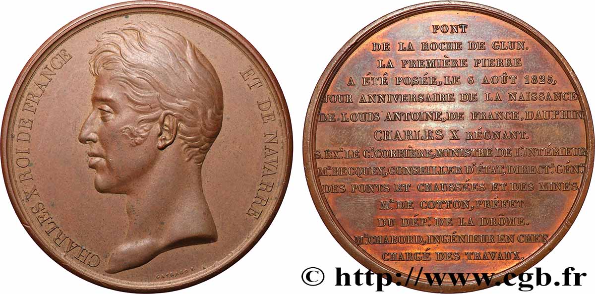 CHARLES X Médaille, Première pierre posée du pont de la Roche de Glun, refrappe AU/AU