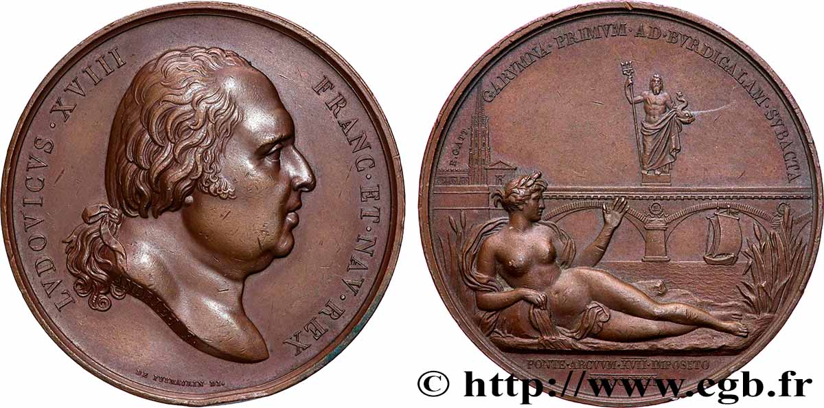 LOUIS XVIII Médaille, Construction du pont de Bordeaux XF/AU