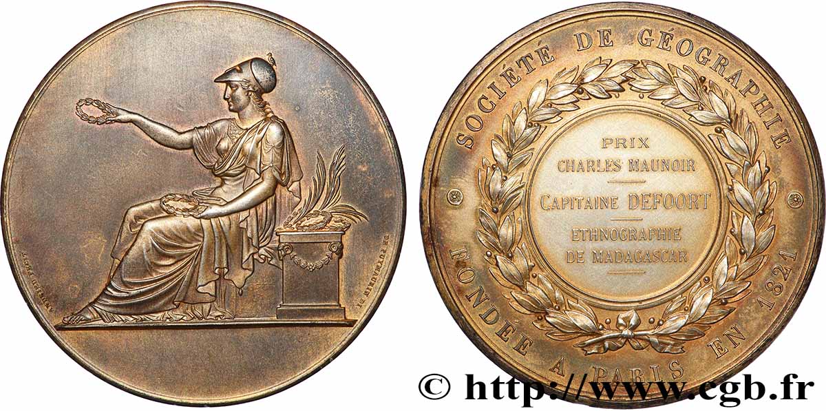 III REPUBLIC Médaille, Société de géographie, Ethnographie de Madagascar XF