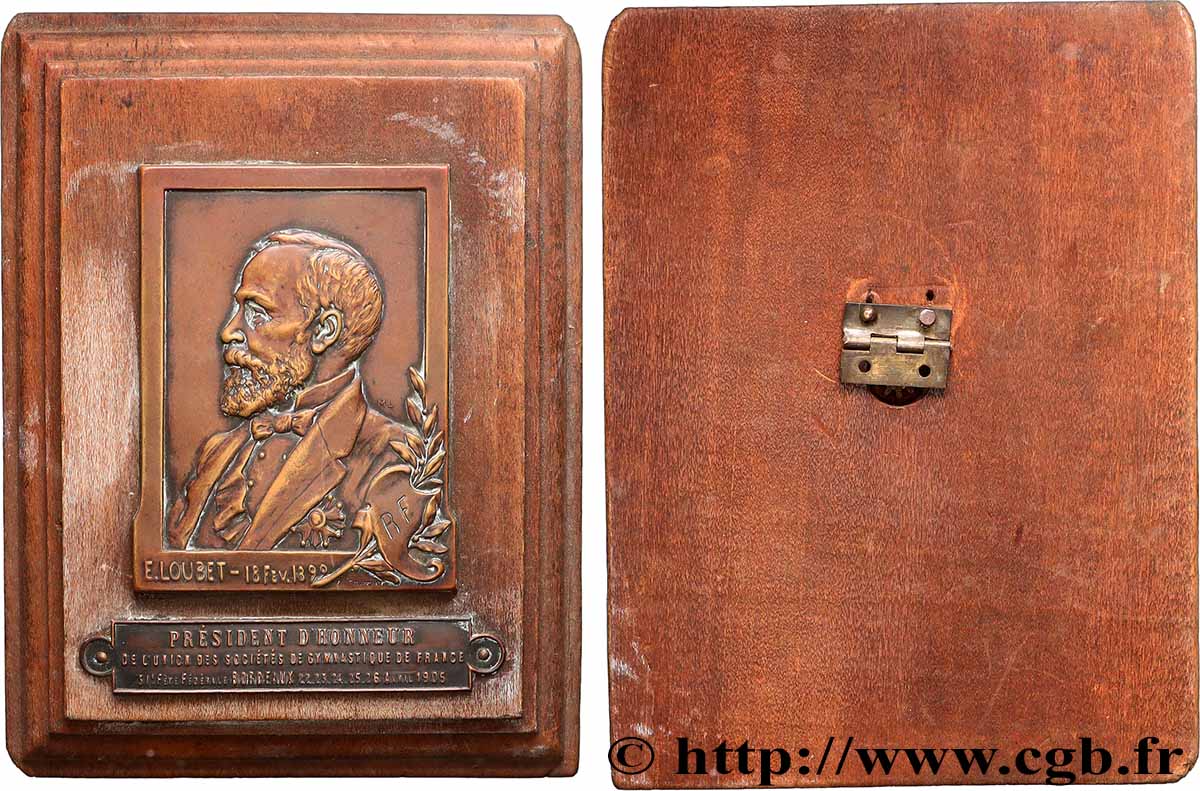 TROISIÈME RÉPUBLIQUE Plaquette, Émile Loubet, président d’honneur de l’Union des Sociétés de Gymnastique de France TTB+