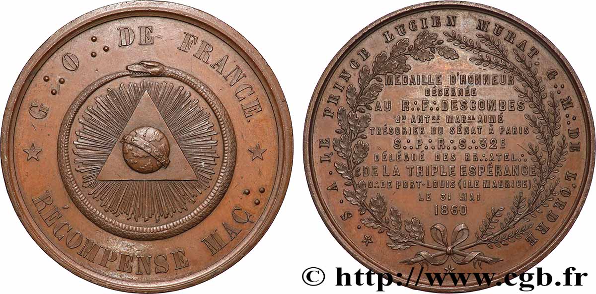 FRANC - MAÇONNERIE Médaille, Grand Orient de France, Loge de la Triple Espérance, décernée au Frère Descombes TTB+