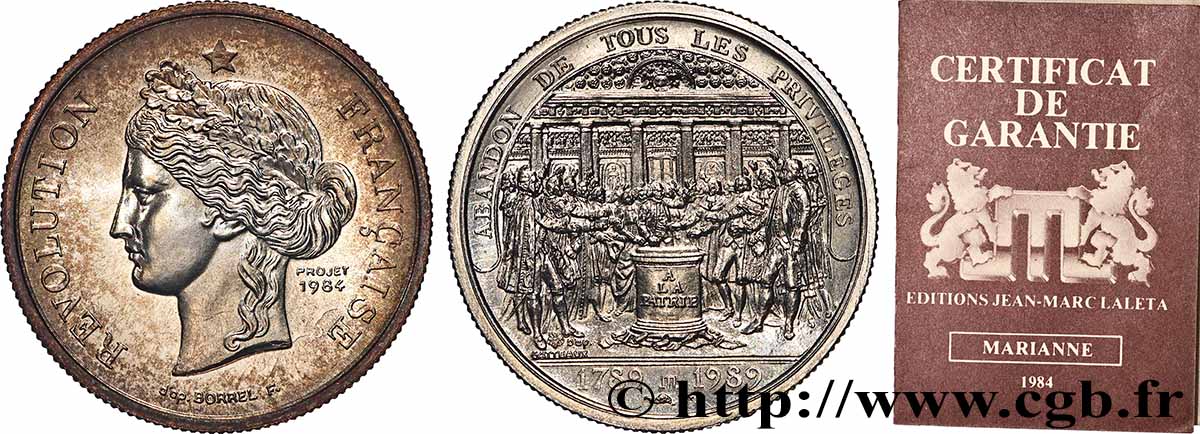 CINQUIÈME RÉPUBLIQUE Médaille, Bicentenaire de la prise de la Bastille, Abandon des privilèges SPL