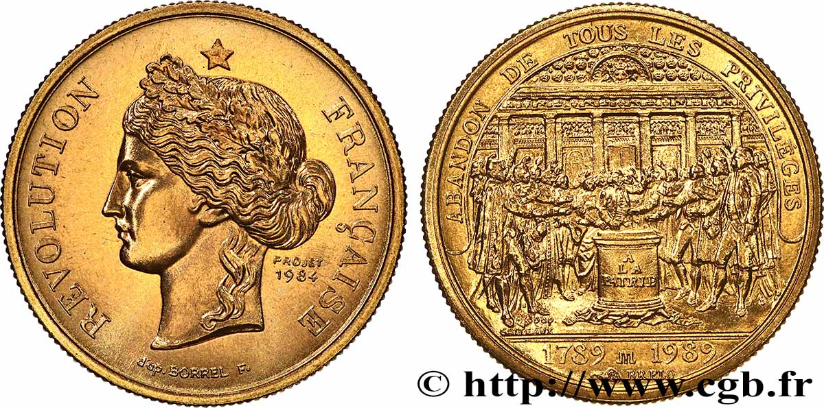 CINQUIÈME RÉPUBLIQUE Médaille, Bicentenaire de la Révolution Française, Abandon de tous les privilèges SPL