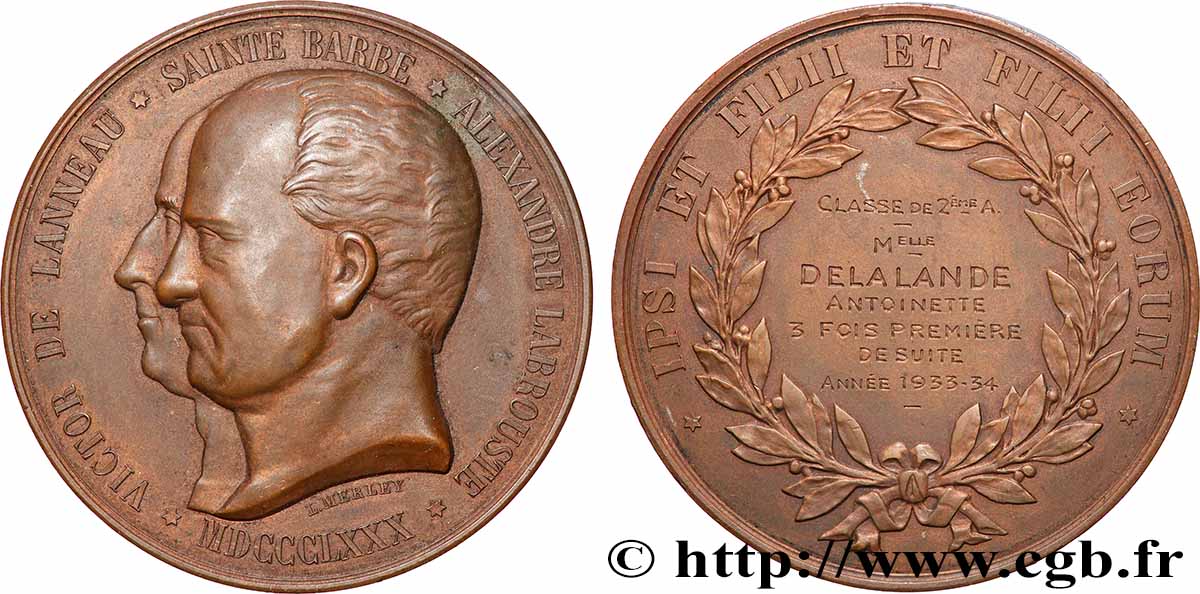 III REPUBLIC Médaille, Victor de Lanneau et Alexandre Labrouste, Classe de 2e A AU/AU