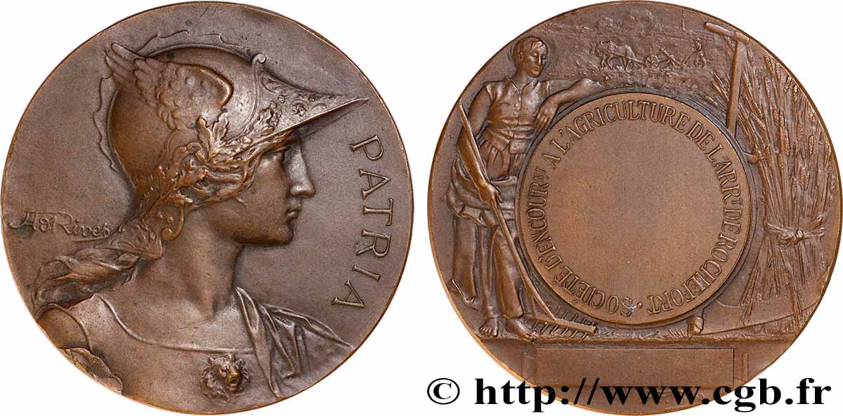 SOCIÉTÉS D&nbsp;AGRICULTURE, HORTICULTURE, PÊCHE ET CHASSE Médaille PATRIA, Société d’encouragement à l’agriculture TTB+/SUP