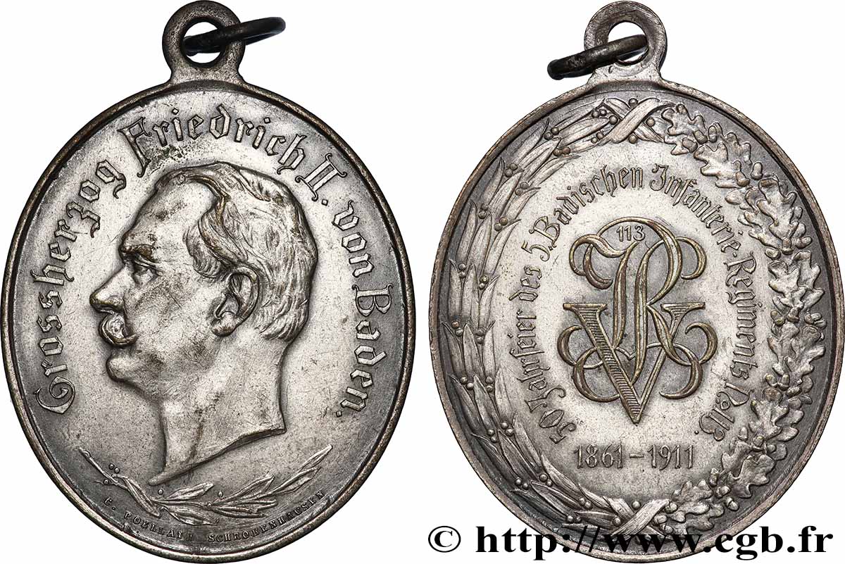 ALLEMAGNE - GRAND DUCHÉ DE BADE - FRÉDÉRIC II Médaille, 50e anniversaire du 5e régiment d’infanterie de Bade TTB+