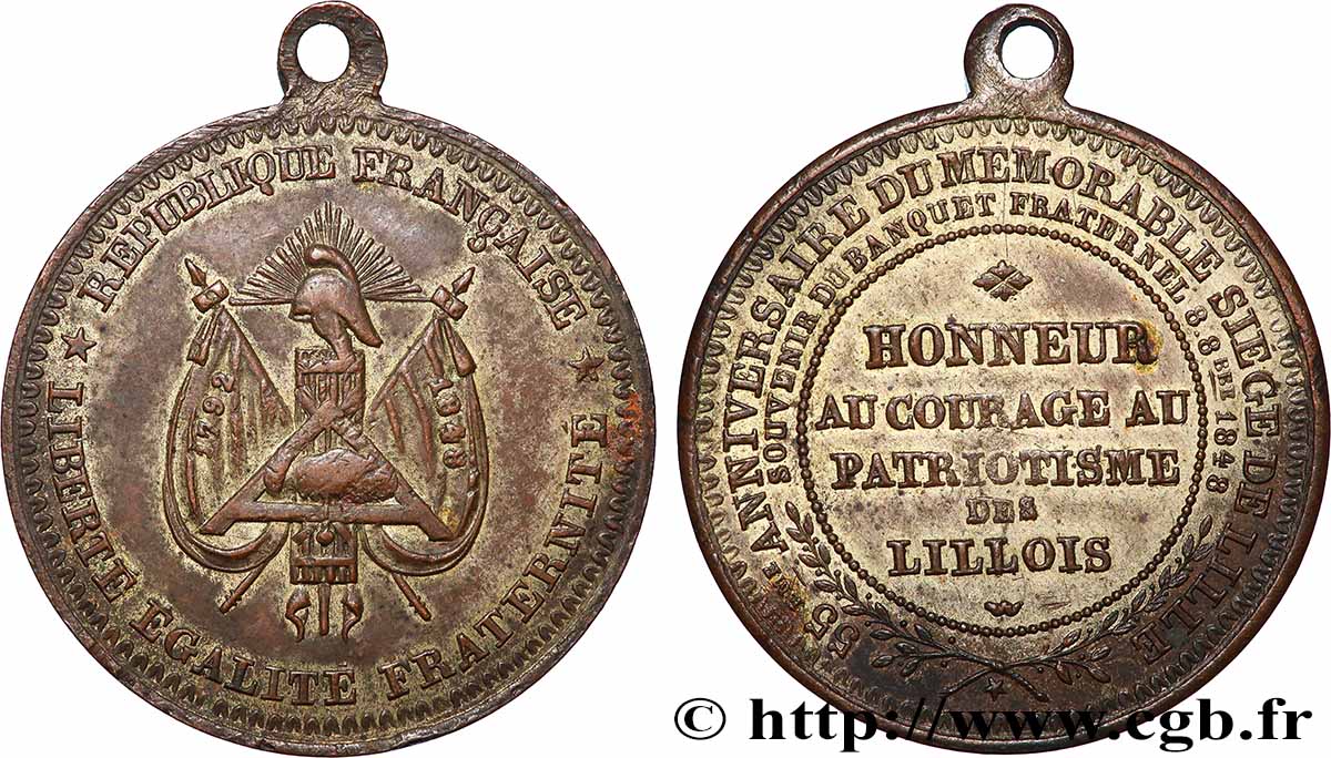 DEUXIÈME RÉPUBLIQUE Médaille, Souvenir du banquet fraternel, 55e anniversaire du siège de Lille TTB+