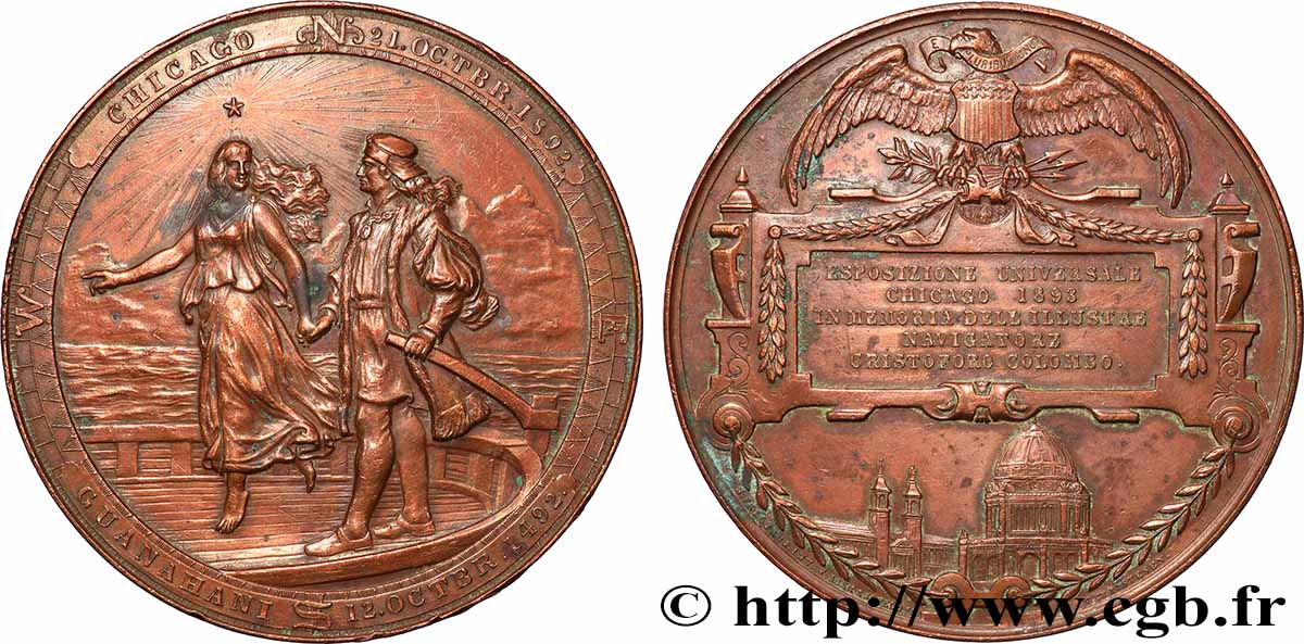 ÉTATS-UNIS D&nbsp;AMÉRIQUE Médaille, Exposition Universelle de 1893 à Chicago en hommage à Christophe Colomb BB