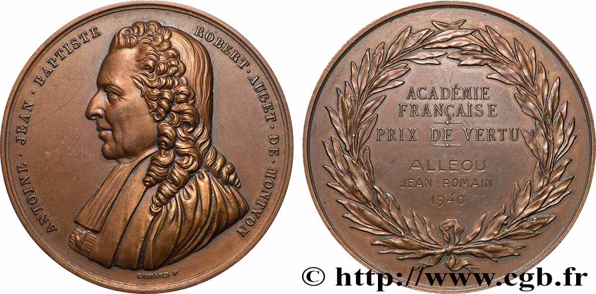 TROISIÈME RÉPUBLIQUE Médaille, Académie Française, Prix de vertu SUP