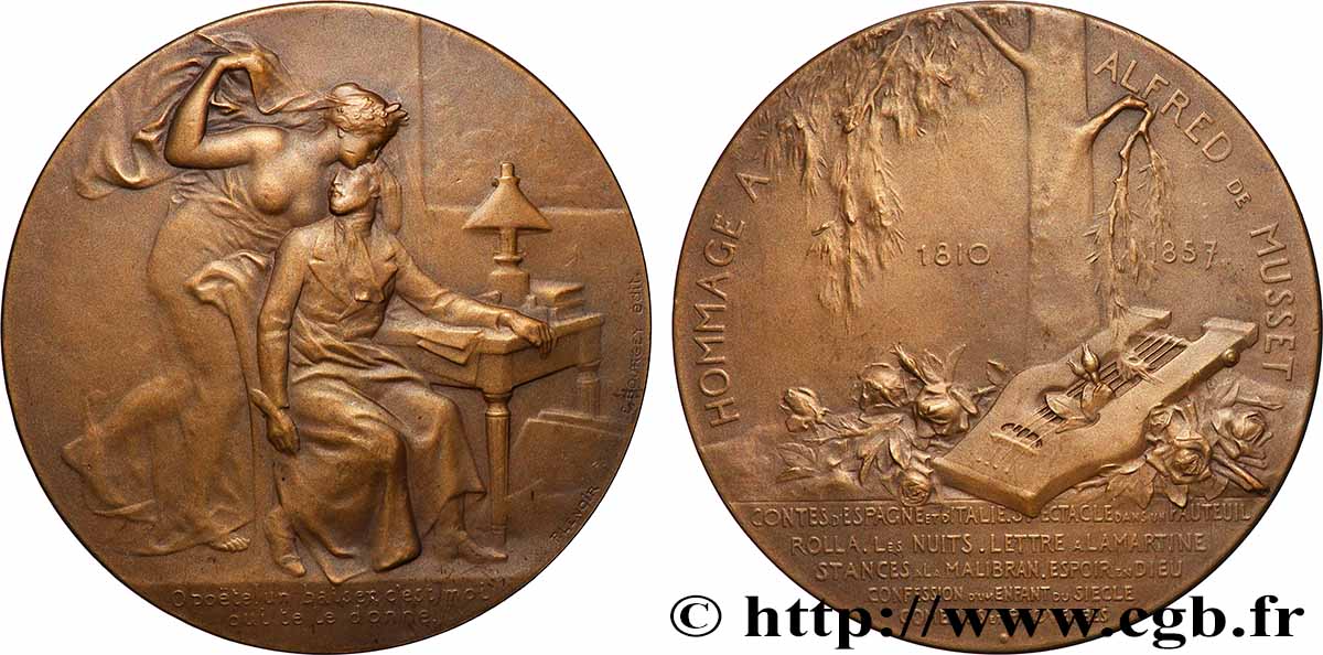 III REPUBLIC Médaille, Hommage à Alfred de Musset AU