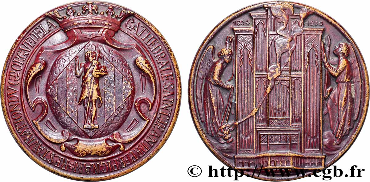 TROISIÈME RÉPUBLIQUE Médaille, Restauration du grand orgue de la cathédrale Saint Jean de Perpignan TTB
