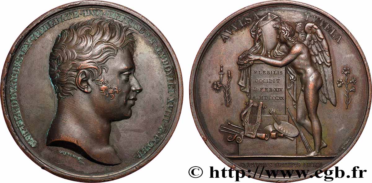 LOUIS XVIII Médaille, Société des arts, Mort du Duc de Berry TTB/TTB+