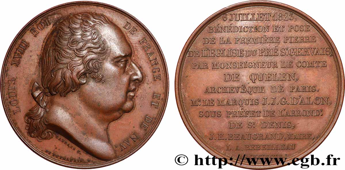 LUIS XVIII Médaille, Pose de la première pierre de l’église du Pré-Saint-Gervais MBC+/EBC