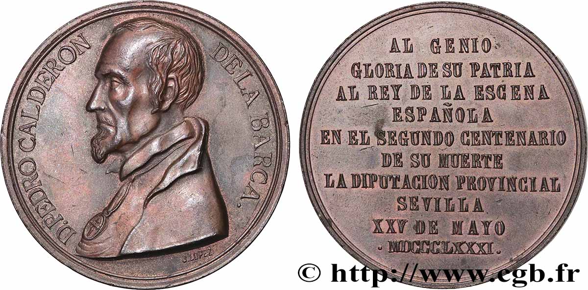 ESPAGNE - ROYAUME D&nbsp;ESPAGNE - ALPHONSE XII Médaille, Second centenaire de la mort de Pedro Calderón de la Barca fVZ