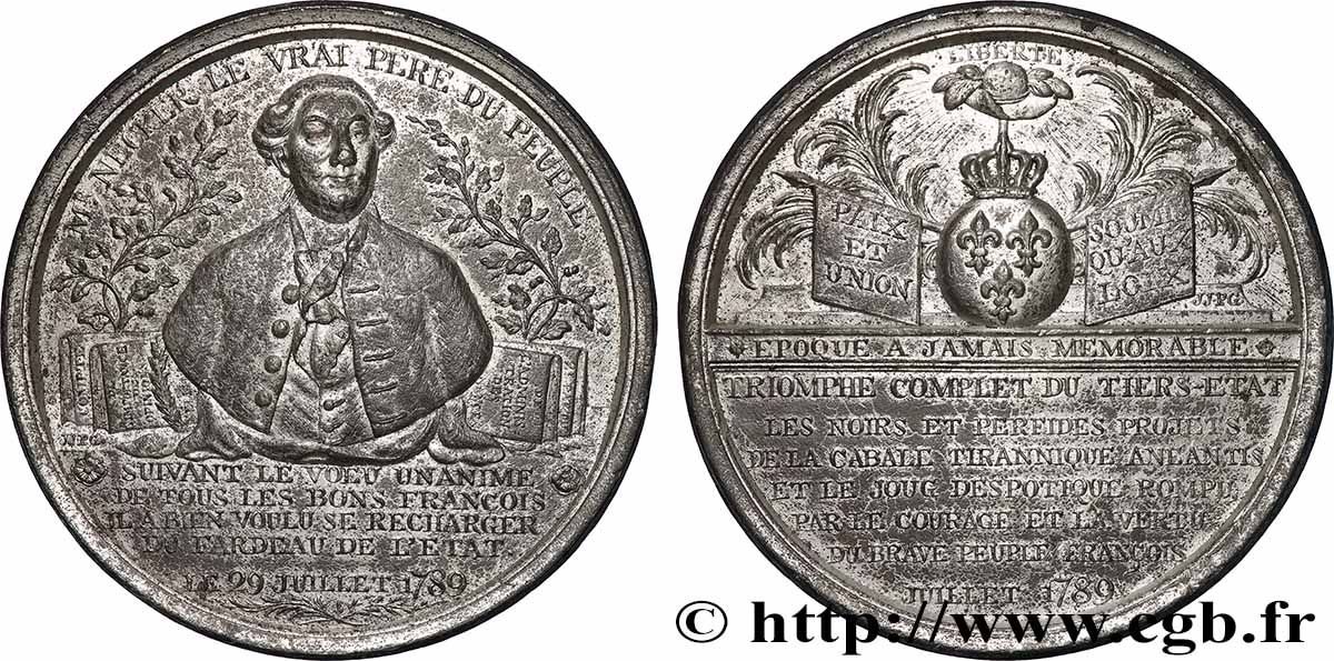 FRENCH CONSTITUTION Médaille, Retour de Necker au ministère des Finances q.SPL