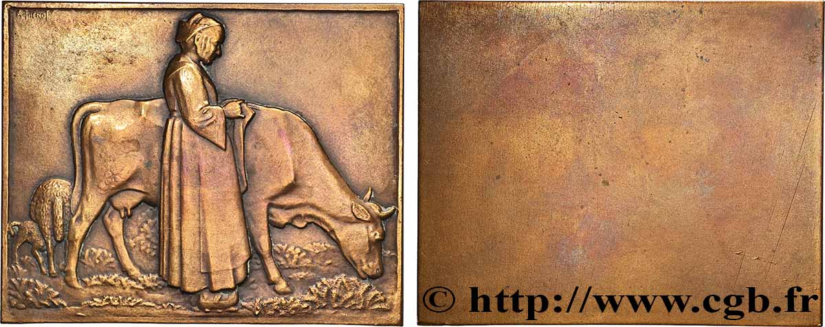 III REPUBLIC Plaquette, Jeune femme et sa vache AU