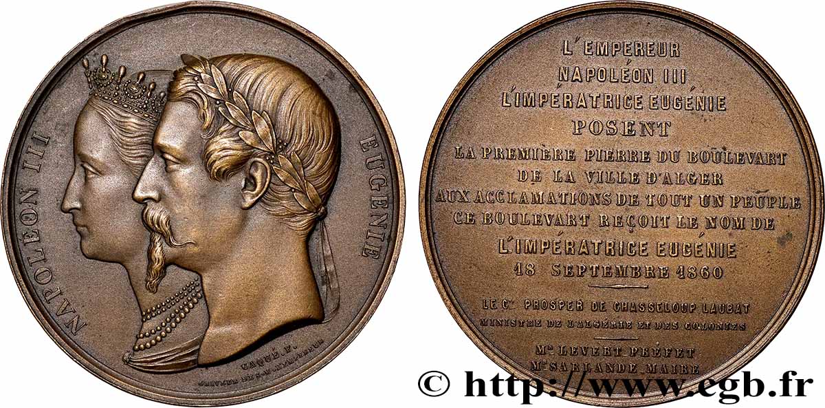 SEGUNDO IMPERIO FRANCES Médaille, Pose de la première pierre du Boulevard de la ville d’Alger, refrappe EBC