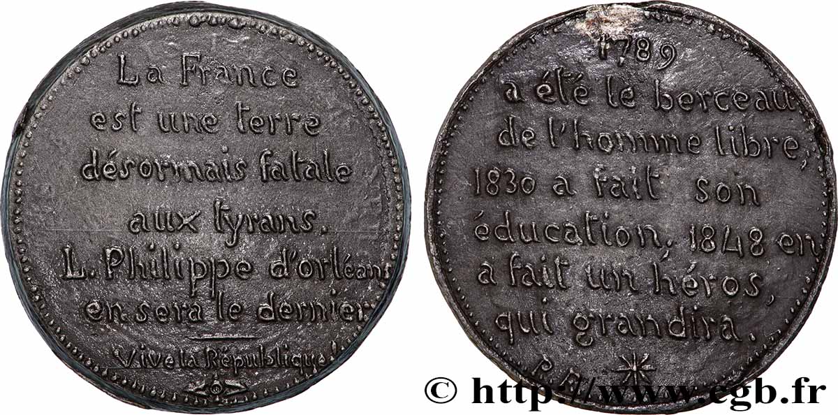 DEUXIÈME RÉPUBLIQUE Médaille, Éloge des Révolutions  AU