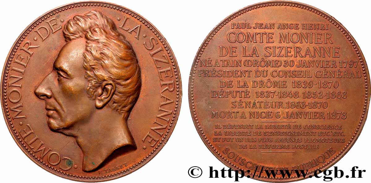 TERCERA REPUBLICA FRANCESA Médaille, Comte Monier de la Sizeranne MBC+
