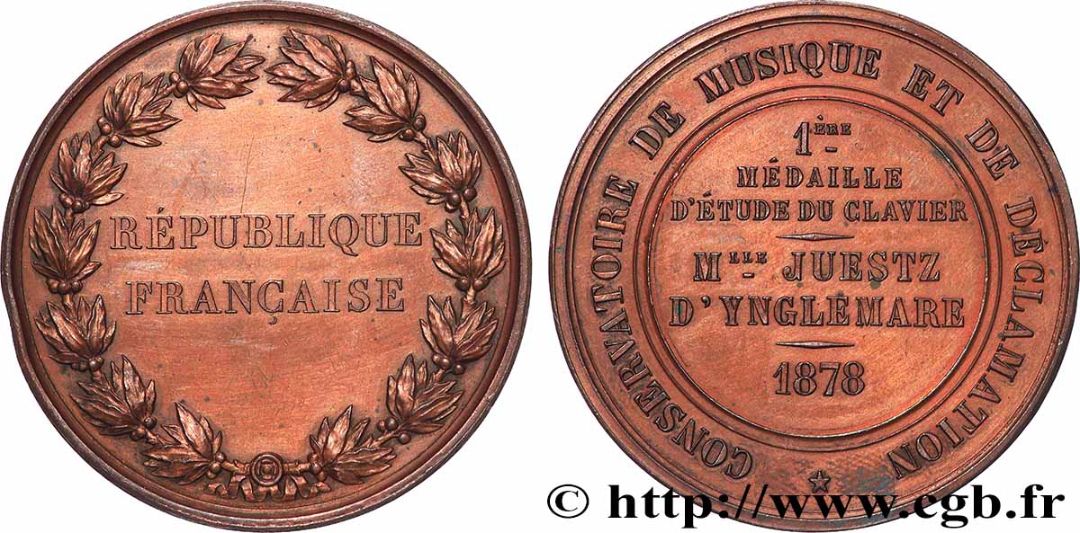 TROISIÈME RÉPUBLIQUE Médaille, Conservatoire de musique et de déclamation, 1ère médaille d’étude du clavier TTB/TTB+