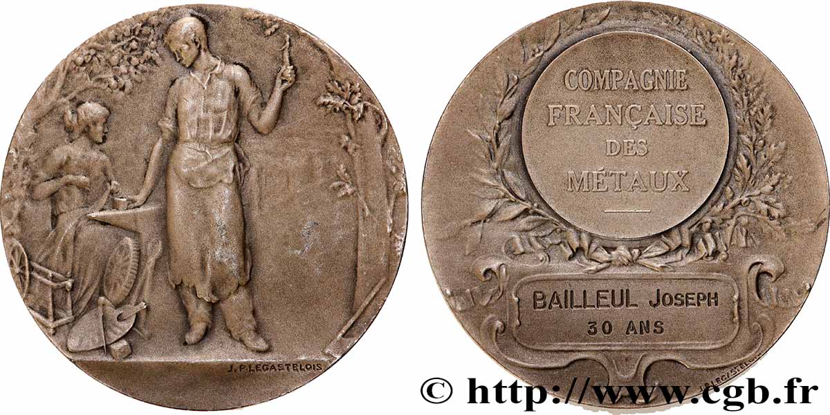 III REPUBLIC Médaille, Le travail, Compagnie française des métaux AU