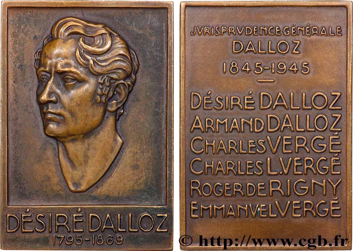 III REPUBLIC Plaquette, Désiré Dalloz, Centenaire de la jurisprudence générale Dalloz AU