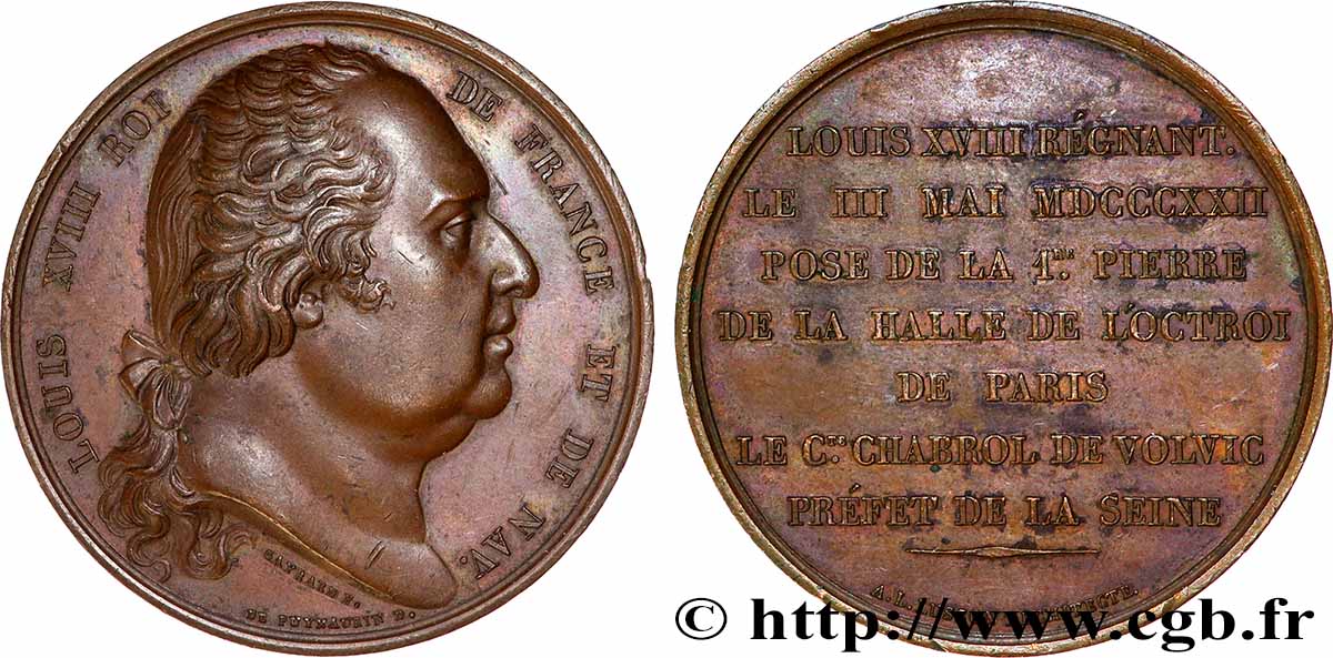 LOUIS XVIII Médaille, Pose de la première pierre de la Halle de l’octroi AU