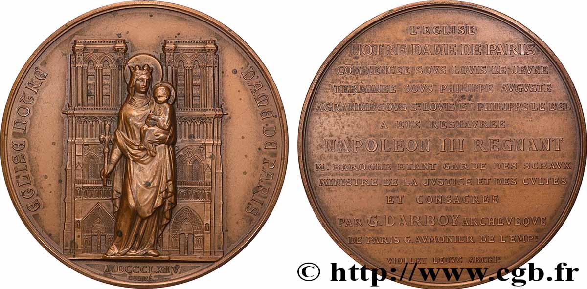 SECOND EMPIRE Médaille, Restauration et consécration de la cathédrale Notre Dame de Paris, refrappe AU