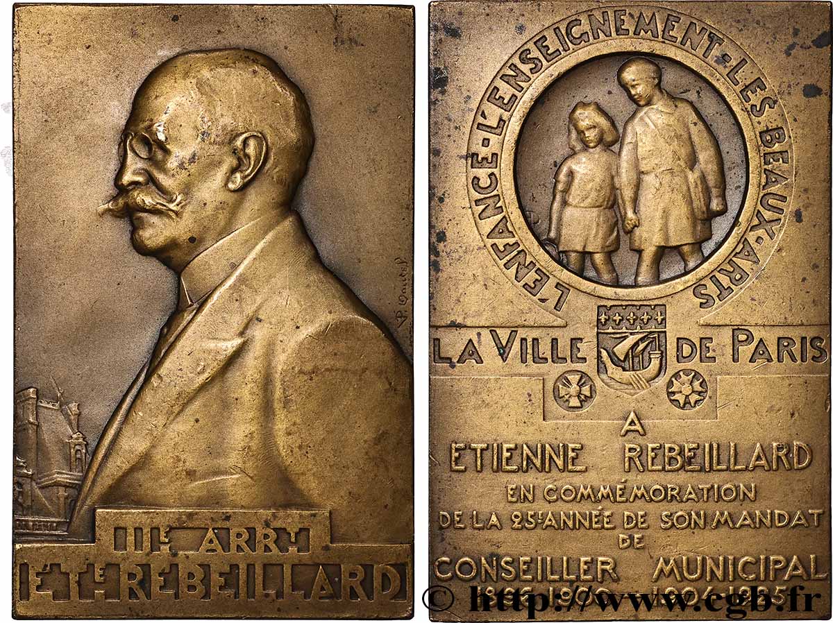 TROISIÈME RÉPUBLIQUE Plaquette, Étienne Rebeillard, 25e année de mandat de conseiller municipal de Paris TTB