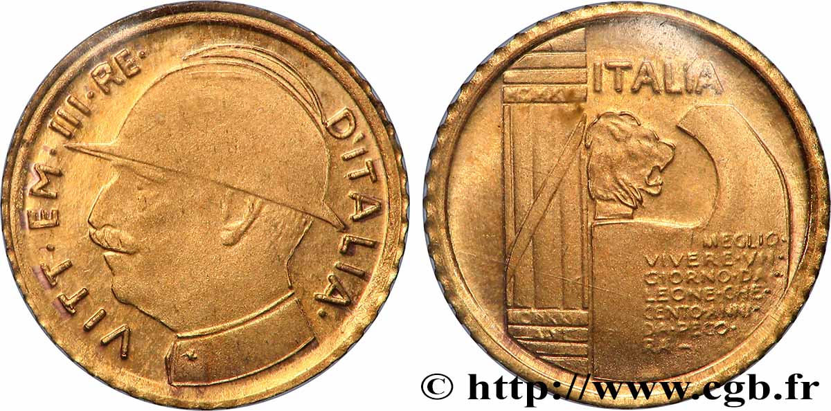 ITALY - KINGDOM OF ITALY - VICTOR-EMMANUEL III Médaille, Reproduction 20 Lire, 10e anniversaire de la fin de la Première Guerre mondiale,Les miniatures en or des plus belles monnaies d’or du monde  AU