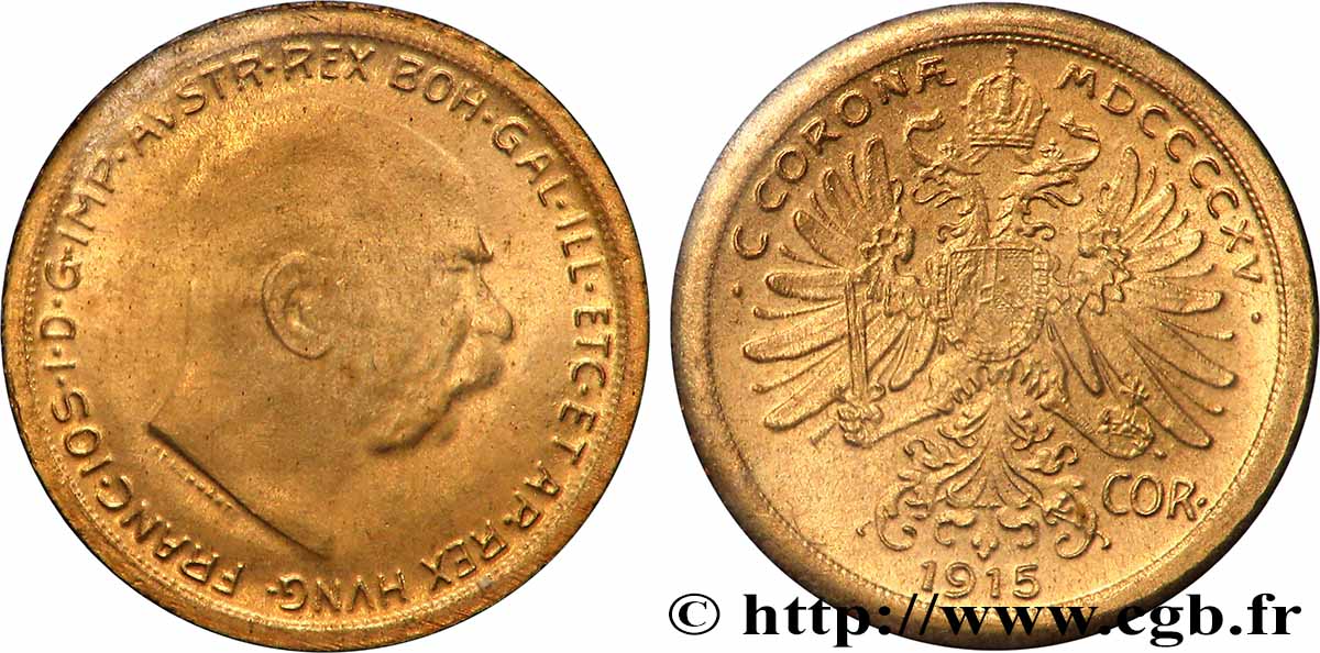 AUSTRIA - FRANCESCO GIUSEPPE I Médaille, Reproduction de Corona 1915, Les miniatures en or des plus belles monnaies d’or du monde SPL