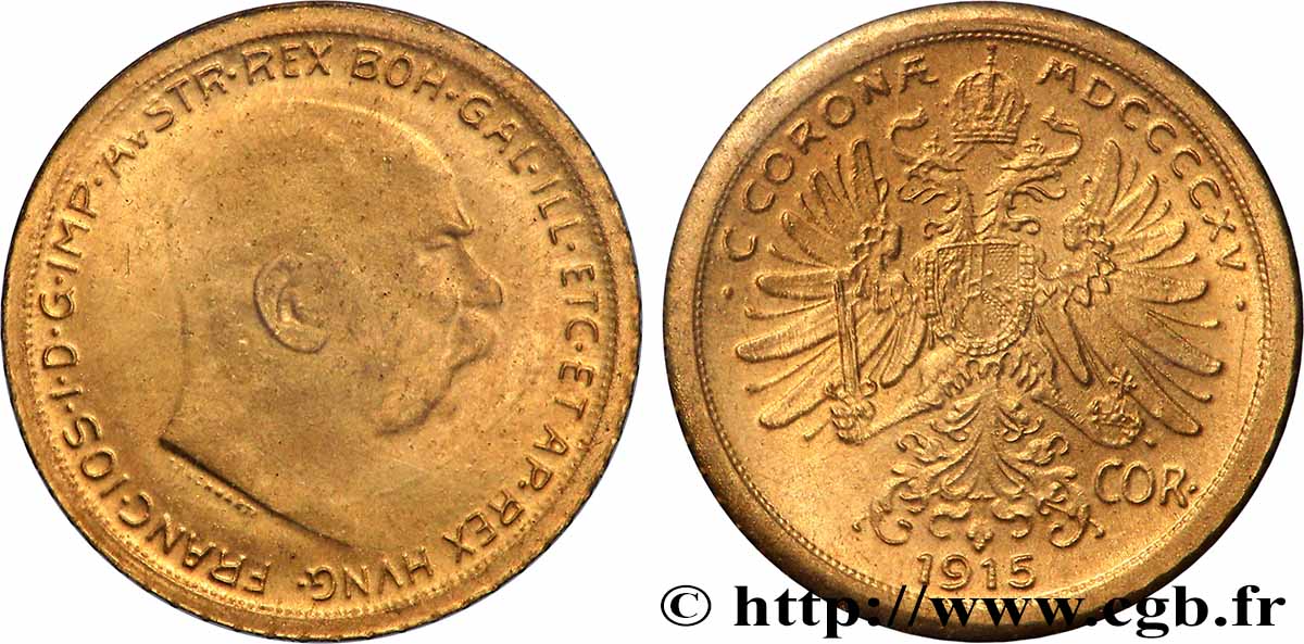 AUTRICHE - FRANÇOIS-JOSEPH Ier Médaille, Reproduction de Corona 1915, Les miniatures en or des plus belles monnaies d’or du monde SUP