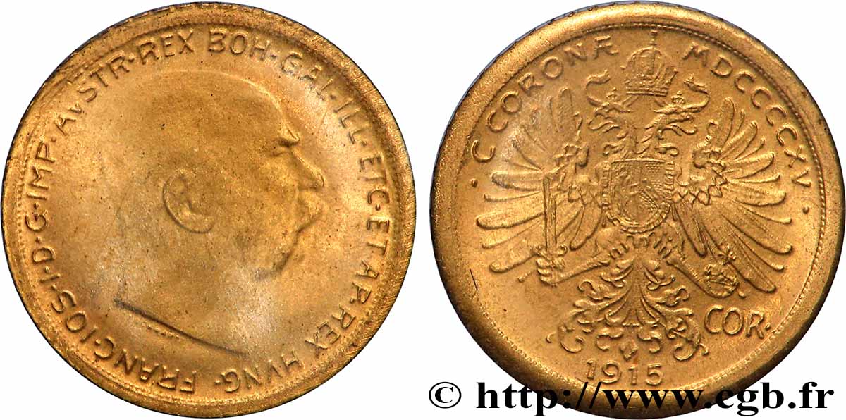 AUTRICHE - FRANÇOIS-JOSEPH Ier Médaille, Reproduction de Corona 1915, Les miniatures en or des plus belles monnaies d’or du monde SUP