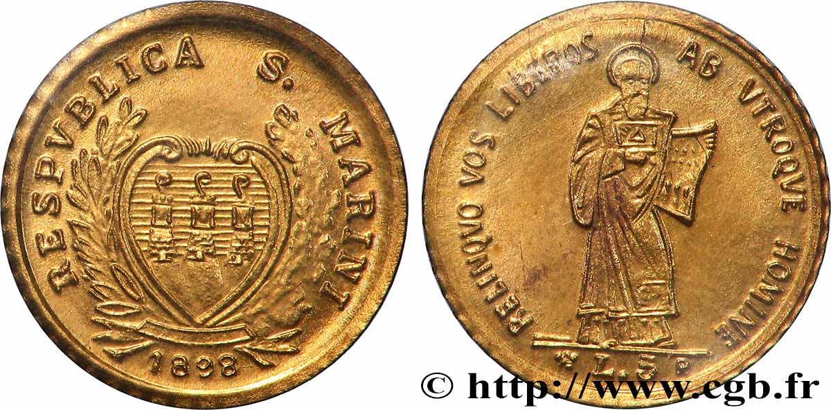 RÉPUBLIQUE DE SAINT- MARIN Médaille, Reproduction de 5 Lire, Les miniatures en or des plus belles monnaies d’or du monde SUP