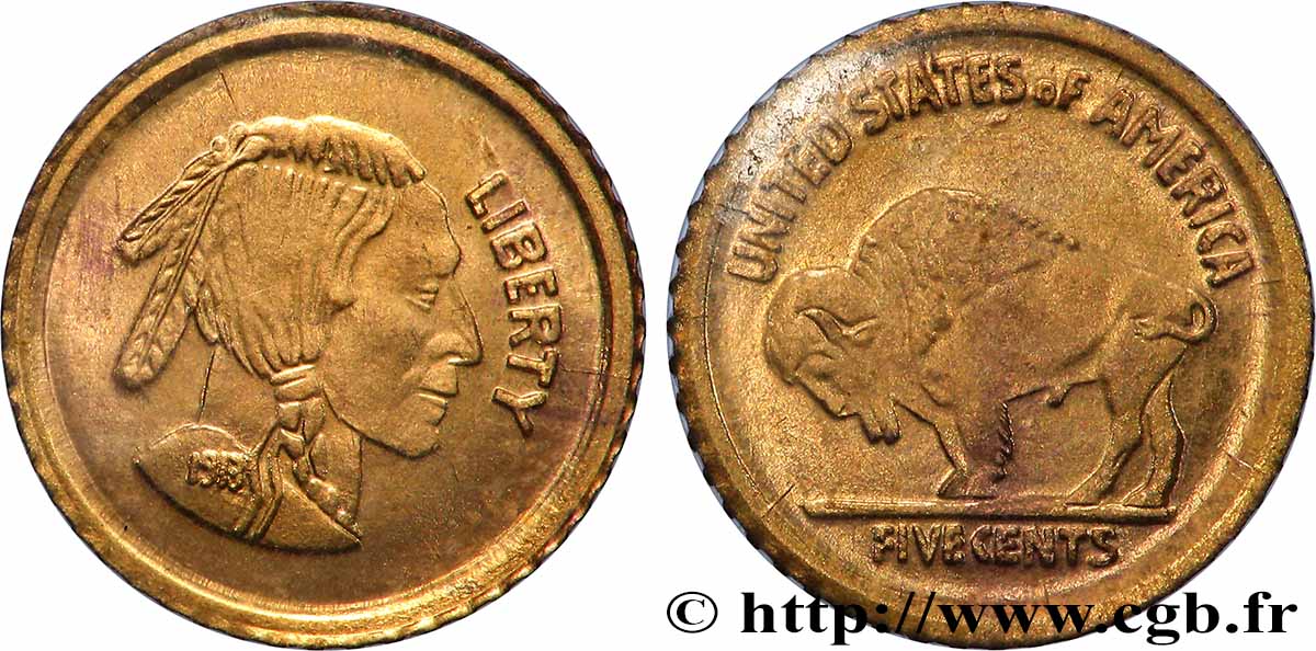 ÉTATS-UNIS D&nbsp;AMÉRIQUE Médaille, Reproduction de 5 Cents Tête d’indien ou Buffalo, Les miniatures en or des plus belles monnaies d’or du monde SUP