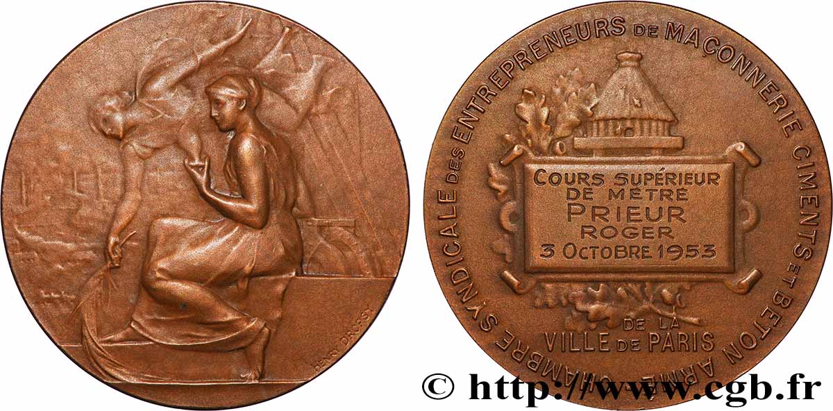 VIERTE FRANZOSISCHE REPUBLIK Médaille, Chambre syndicale des entrepreneurs de maçonnerie ciments et béton armé fVZ